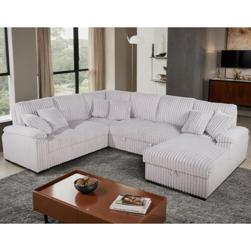 Corduroy U-Shape Sectional With Pull Out Bed & Storage Chaise + 6 Pillows, Right Hand Facing, Beige Corduroy