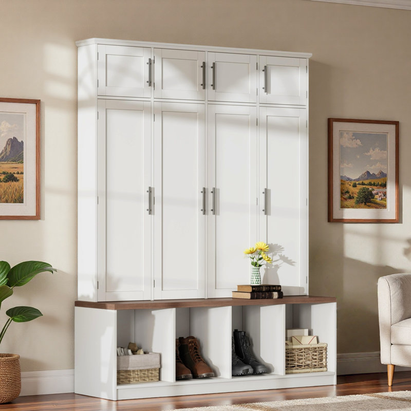Farmhouse Hall Tree With 4 Hidden Hanging Hooks, Seating Bench, Storage Cabinet And Open Compartment, White