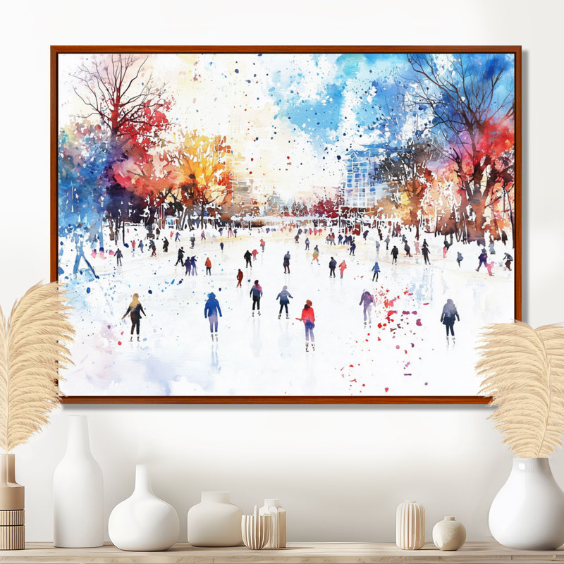 Ice Skating Rink I - Winter Landscape Wall Art Living Room, 24" H x 32" W, Floater Framed Print, Brown