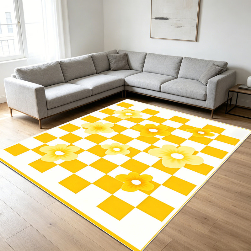 1PC Yellow Checkered Daisy Floral area rugs for Living Room, Soft, All seasons, Easy-maintain, Washable Indoor mat, Farmhouse suitable for dining room, bedroom, kitchen, entryway, home office, backyard patio, Home Decor, Outdoor Decor.