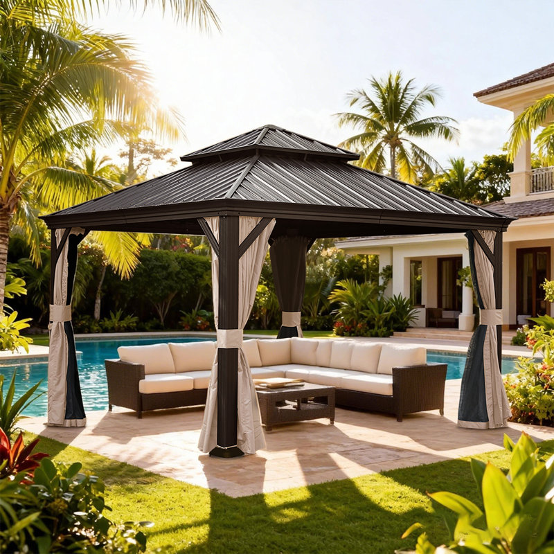Outdoor Galvanized Steel Patio Gazebo with Double Roof, 124.25" H x 156.14" W x 156.14" D, Brown