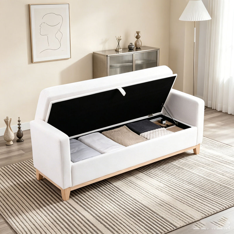 Banc rembourré en bois massif, 66,34 pouces, Beige + naturel