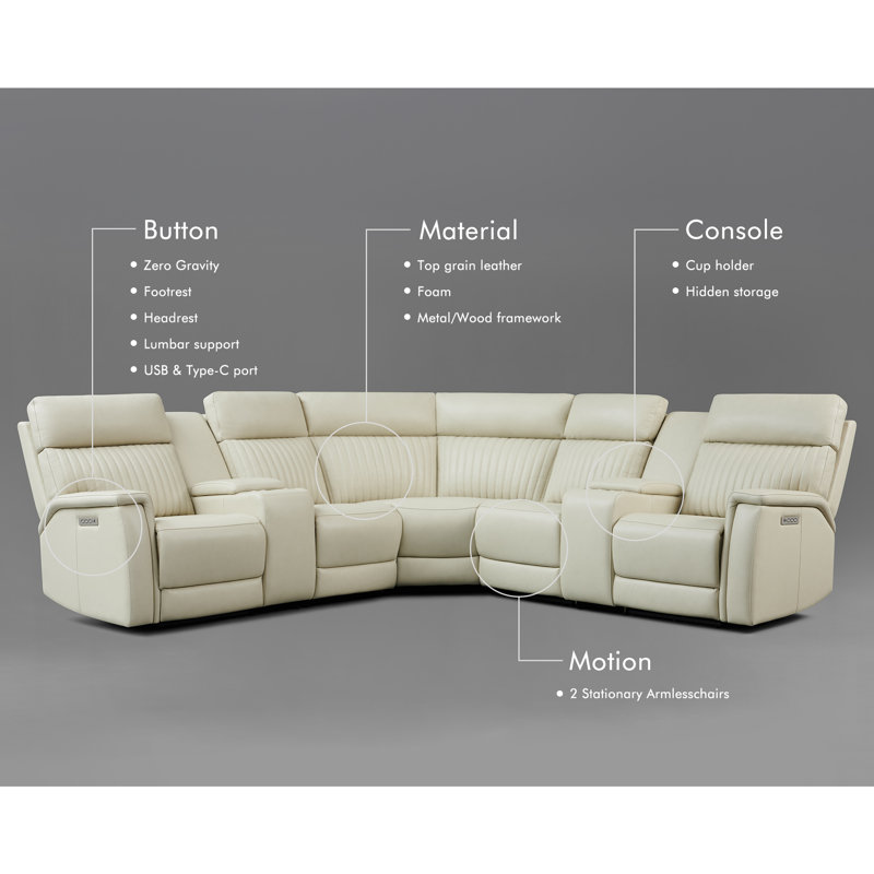 117" Leather Reclining Sectional, 2 Power Recliners, Adjustable Lumbar Support, Console & Headrest, Cream Genuine Leather