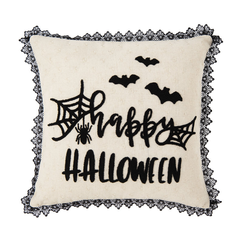 18" Square Beige and Black Embroidered Halloween Pillow