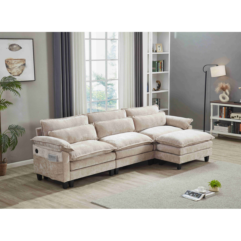 Luqi 4 Seater Modular Sectional Sofa Large L Shaped With Ottoman, Light Camel Chenille, 35.8" H x 115" W x 52.4" D