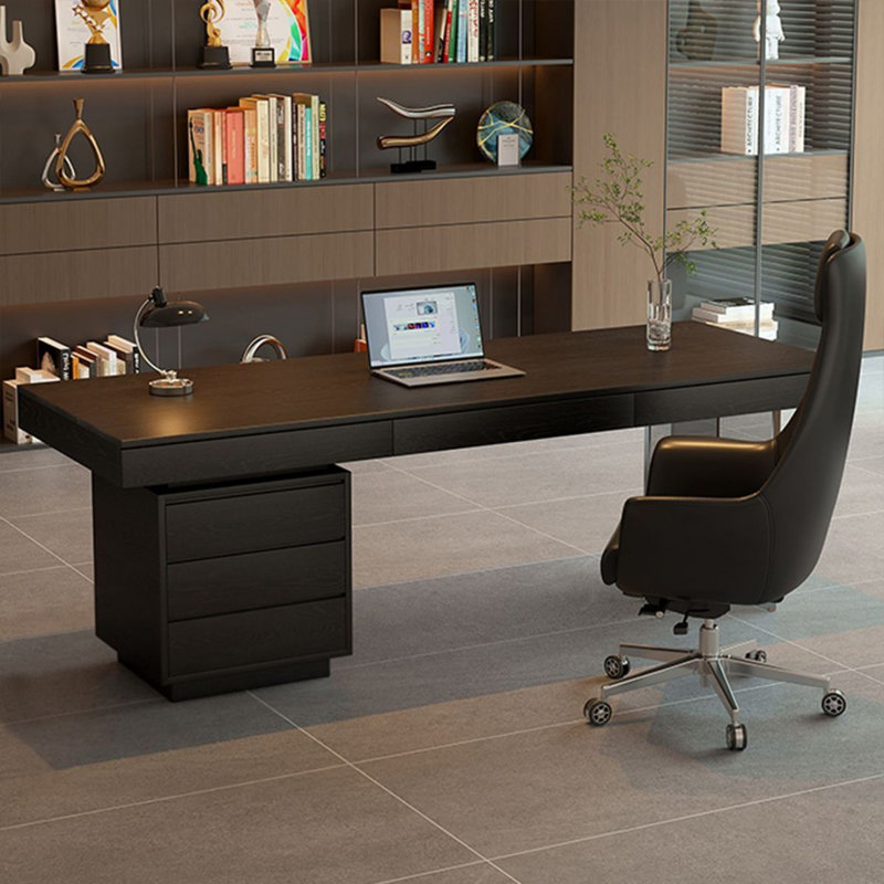 Black + Gray Rectangular Solid Wood + Acrylic with 6 drawers desk, 29.53" H x 55.12" W x 27.56" D, Left Hand Return