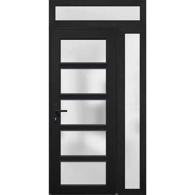 Porte d'entrée extérieure prémontée en PVC-U métallisé, verre dépoli, Manux 8002, noir mat, fenêtres latérales et supérieures. Convient aux bureaux, aux commerces et aux habitations. Parfait pour l'entrée, les patios et les garages. Dimensions : L 91,4 cm + 35,6 cm x H 203,2 cm + 35,6 cm. Ouverture à droite vers l'intérieur.