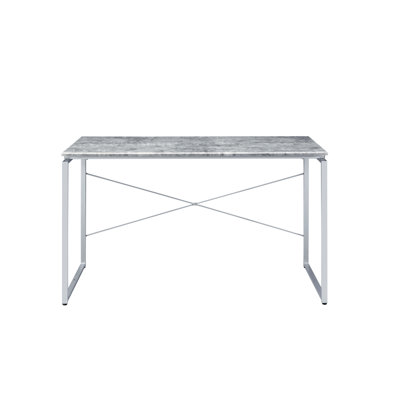 Faux Concrete Writing Desk With Silver Metal Sled Base In Modern Office Decor And Combined Work