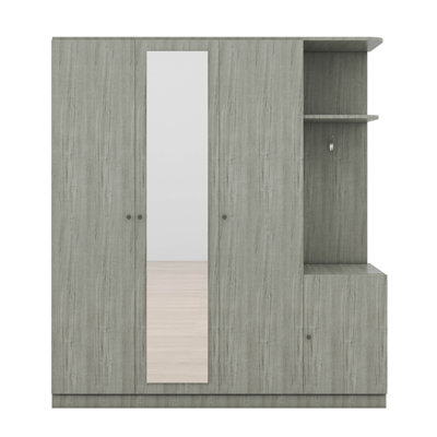 Armoire à 4 portes avec tablettes, tiroirs et miroir pleine grandeur, armoire de rangement en bois pour chambre à coucher