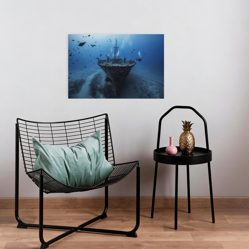 «Diver Explores Sunken Wreck Contemporary Fish Ocean», reproduction d'art mural, H 16 po x l 24 po