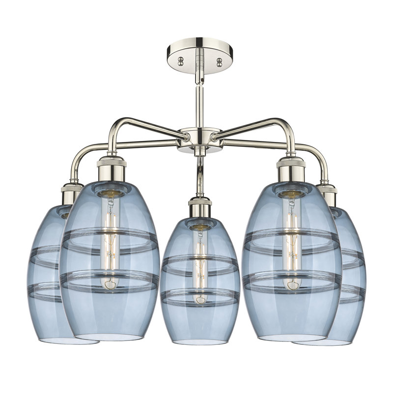 Lustre rond / ovale à abat-jour 5 lumières, H 13,63 po x l 23,88 po x P 23,88 po, Bleu princesse, Nickel poli