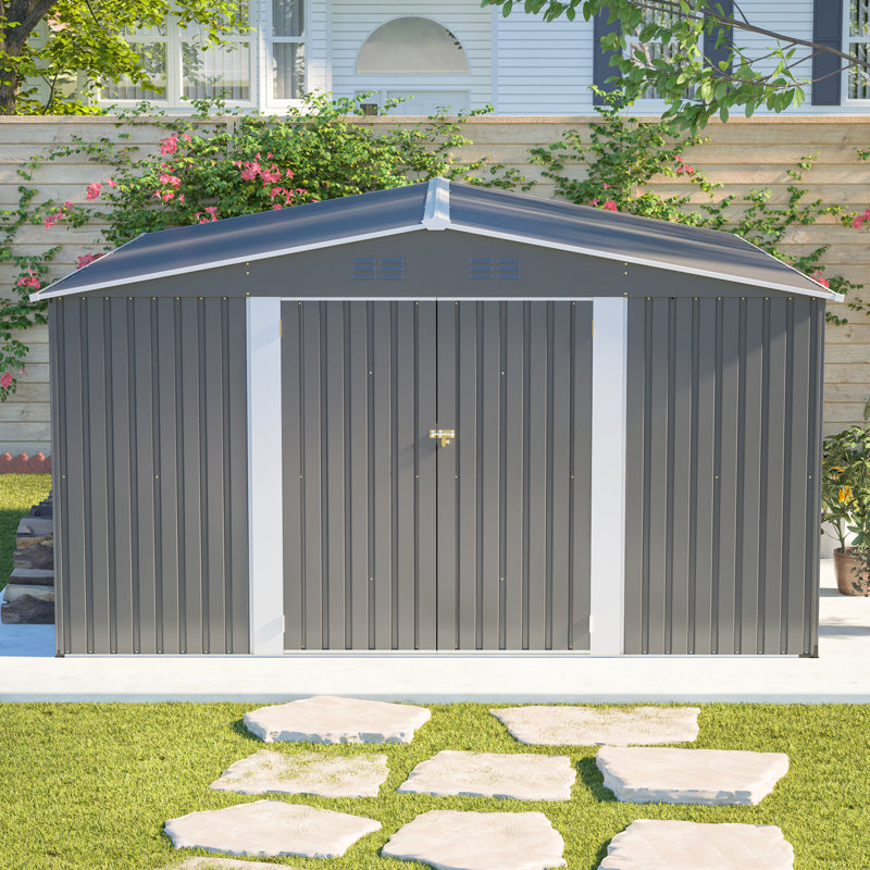 Remise de rangement extérieure en métal, grande remise à outils de jardin avec portes doubles verrouillables, bâtiment de cour imperméable, patio
