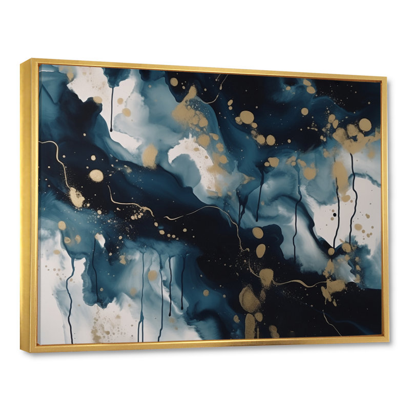 «Blue and White Abstracted Art liquide I», reproduction sur toile, H 24 po x l 32 po x P 1 po, Cadre flottant doré
