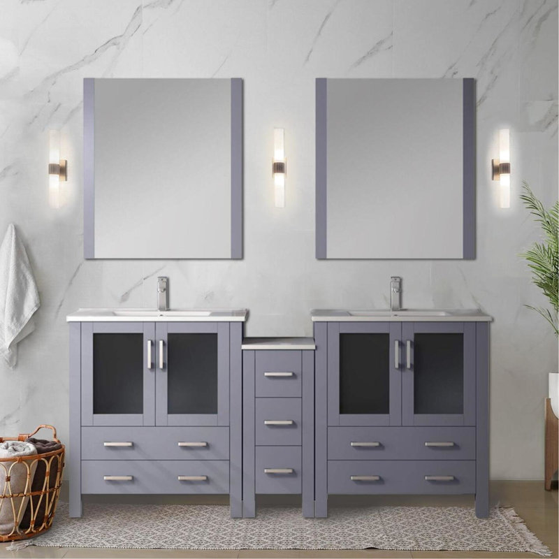 Gris foncé foncé de 72 po Ce meuble-lavabo double comprend des armoires latérales, un robinet inclus, 28 miroirs et une finition en céramique longue durée de couleur l avec une surface
