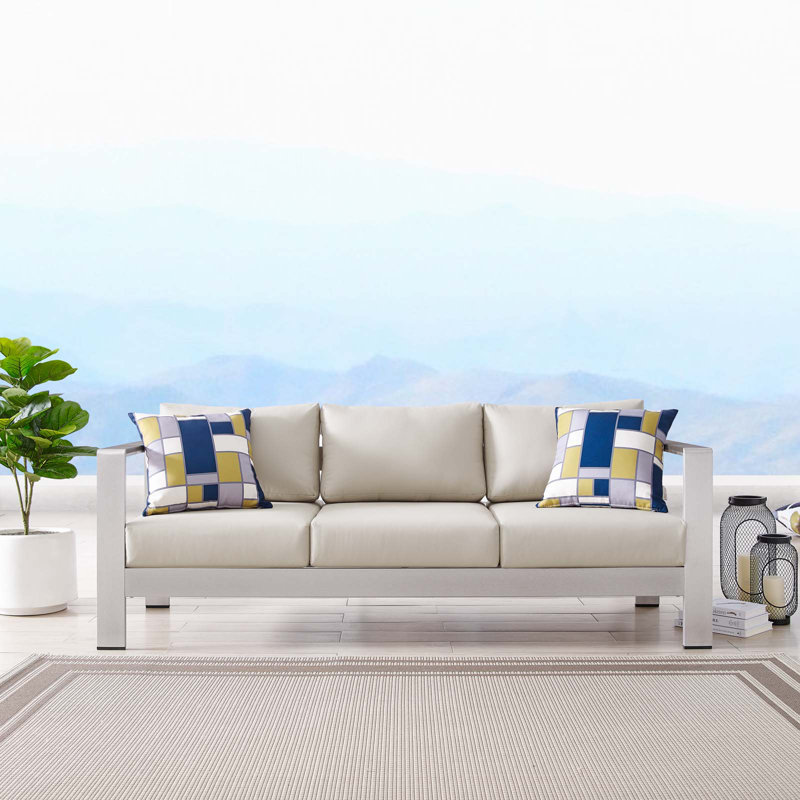 Shore 76.5'' Wide Outdoor Patio Sofa with Cushions, Silver Beige