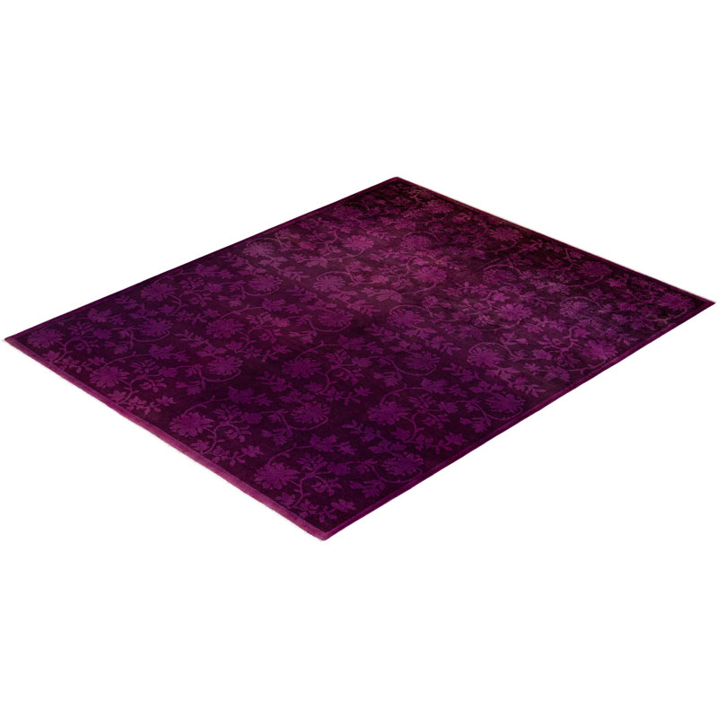 Hand-knotted Purple Floral Wool Area Rug with Fringe