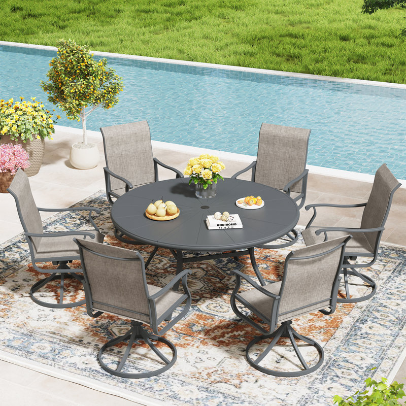 Aluminum Patio Dining Set with 53" Aluminum Round Dining Table and 6 PVC-coated polyester Swivel Dining Chairs, Gray/Gray