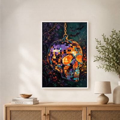 Halloween Skull Candle Eyes Bats Spiderwebs Mosaic Canvas Wall Art Print with Floating Frame, Ready to Hang