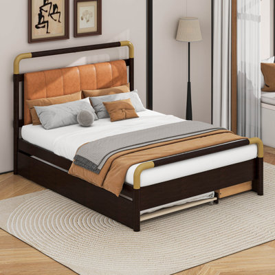 Queen Size Wooden Storage Platform Bed, With 2 Big Drawers, T-XL Size Trundle