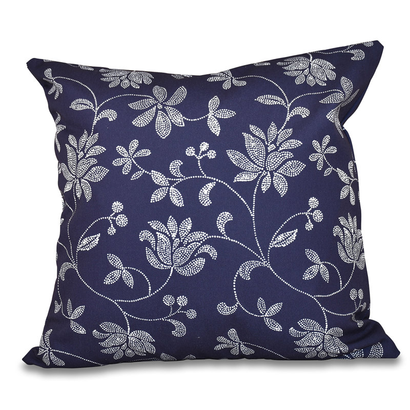 16" Porcelain Blue Floral Polyester Accent Pillow