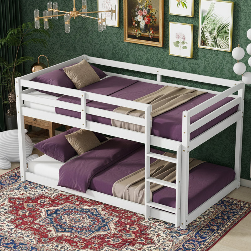  77" L Twin-over-Twin Low Profile Floor Bunk Bed, Solid Wood Frame, White, White