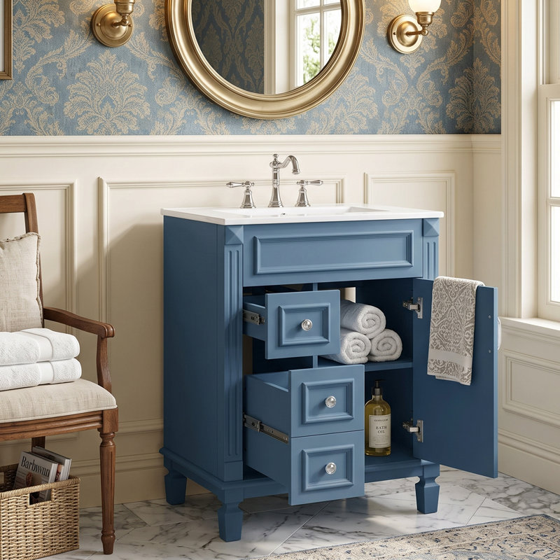 Meuble-lavabo moderne 24 po avec lavabo en céramique, armoire en bois massif avec 2 tiroirs et tablette (noir / blanc / vert / bleu)