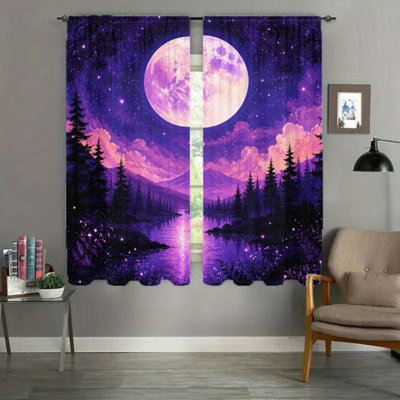 2Pcs Magical Night Sky Moon Landscape Curtains, Dreamy Forest River Starry Print Light Filtering Window Drapes For Living Room Bedroom Kitchen Outdoor Decor