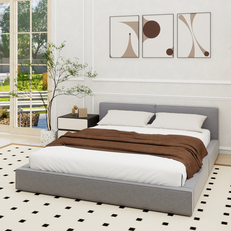 Grand lit plateforme tapissier avec tissu en velours, lit au sol avec cadre uni, beige, Gris