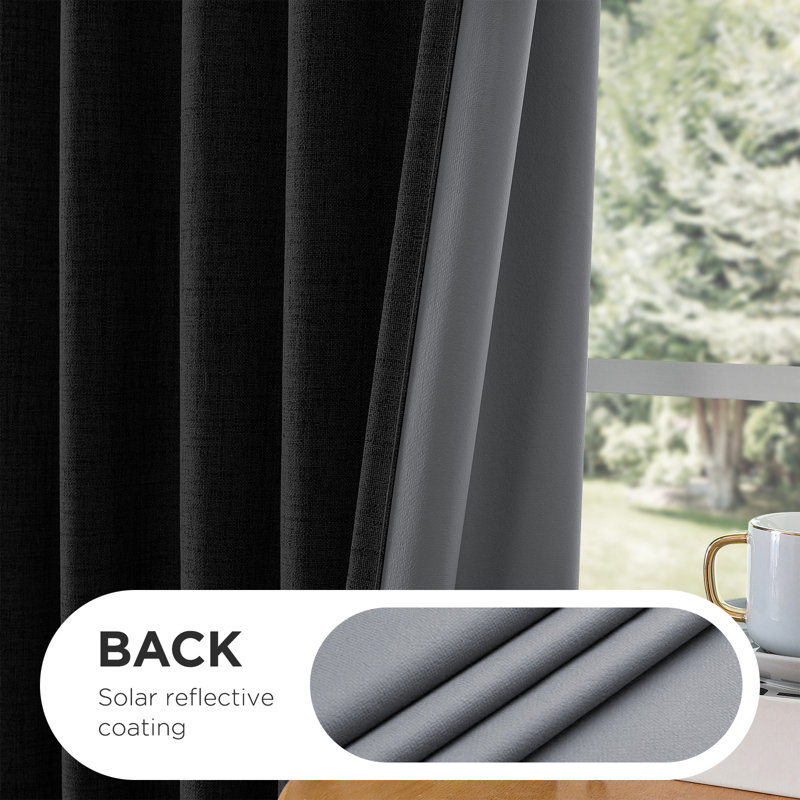 Thermal Insulated Faux Linen Textured 100% Blackout Curtains for Bedroom Rod Pocket & Back Tabs (Set of 2), Black
