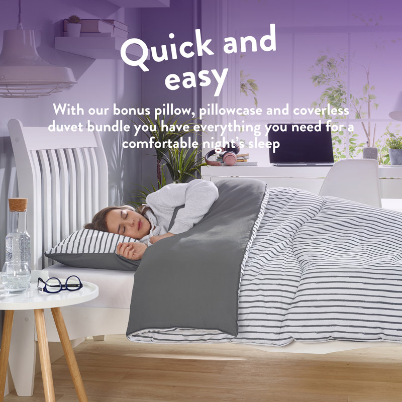 Back to Uni Grey Printed Stripe 10.5 Tog Duvet, 2 Medium Pillows, King