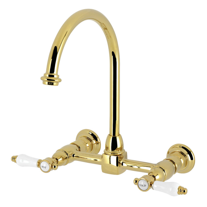 Kingston Brass Bel-Air Two-Handle 2-Hole Deck Mount Bridge Kitchen Faucet, Polished Brass, Lever