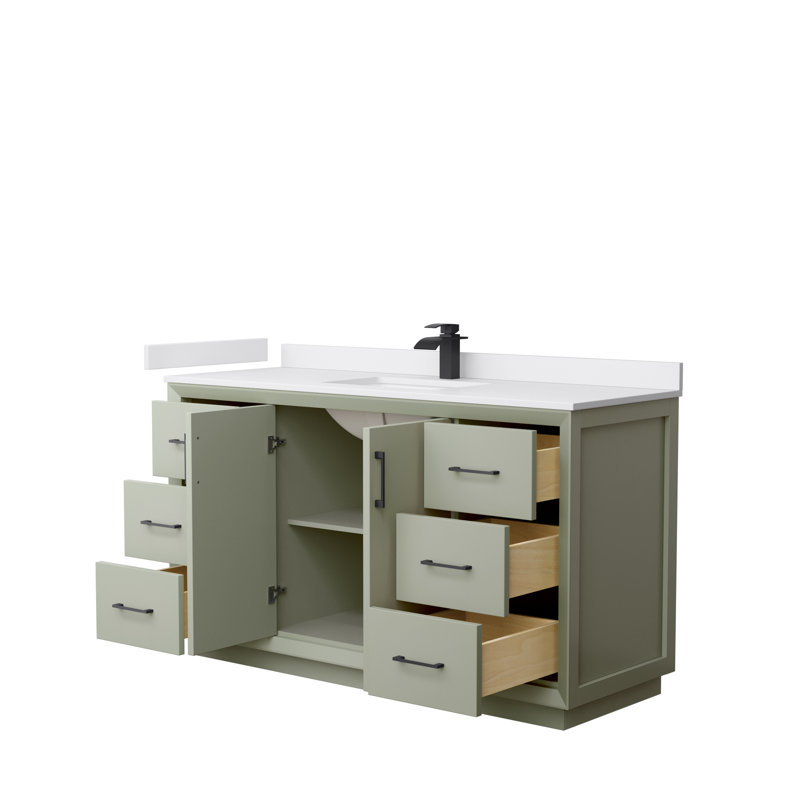 Ensemble de meuble-lavabo simple 60 po Strada, Noir mat, Vert clair, Marbre de culture de Carrare