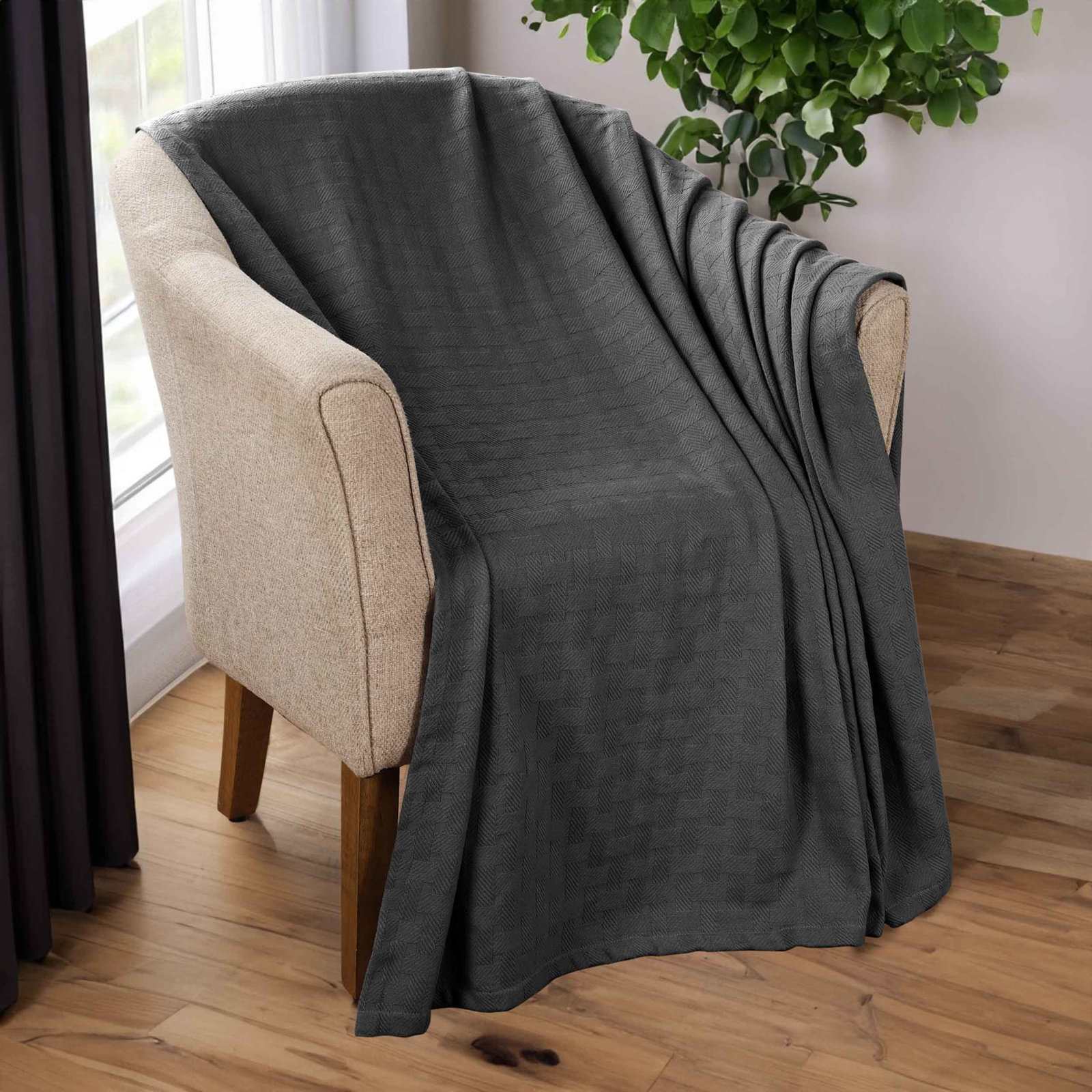 Bertie Cotton Machine Woven Throw Blanket, Charcoal, King