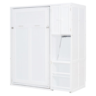 Lit escamotable mural simple avec bibliothèque, tablette supérieure, bureau extensible et rangement latéral, blanc