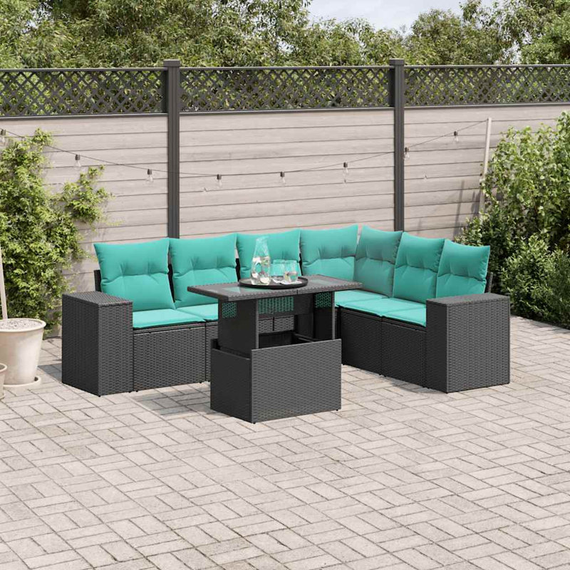 Ensemble de canapé de patio 7 pièces avec coussins en rotin de polyester, Bleu clair, Noir