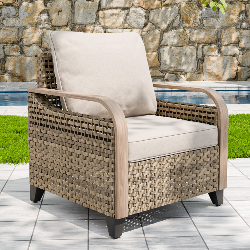 Chaise longue d'extérieur brun avec accoudoirs en osier et grain de bois avec coussin, Gris