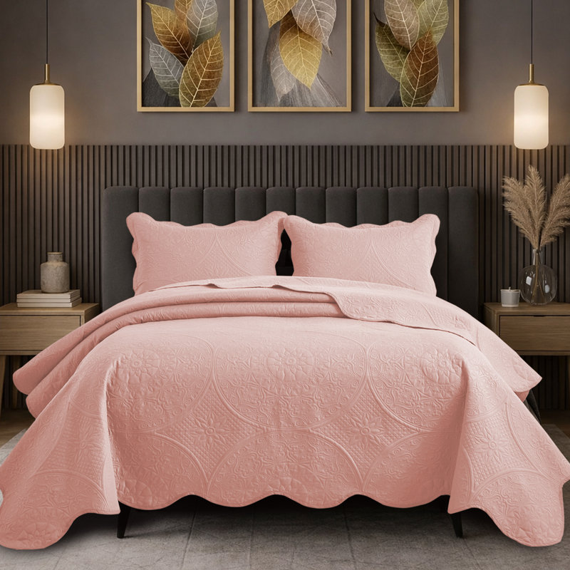 Floral Embossed Quilt Set, Peach, King Bedspread + 2 Standard Shams