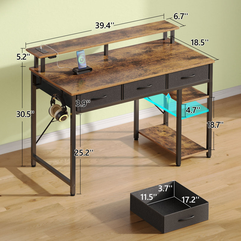 Rectangle Computer Desk with Shelves, Office Desk with Power Outlets & RGB LED Lights, 30.5" H x 39.4" W x 18.9" D