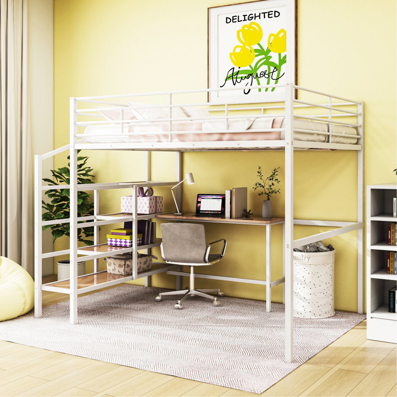 Lit mezzanine double en métal avec bureau et échelle de rangement latérale