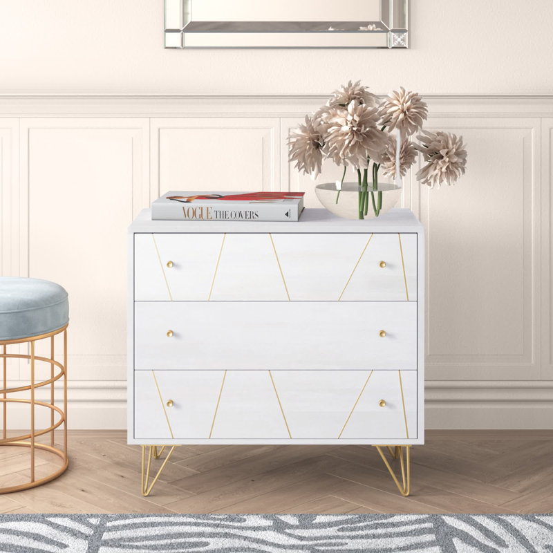 Commode 3 tiroirs l 31,8 po Idleman, Or / blanc délavé