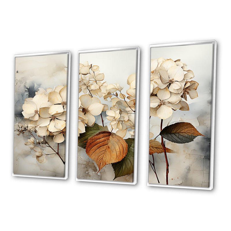 Vintage Botanical Hydrangeas - Hydrangea Wall Art Print Set, White Floater Framed, 32" H x 48" W x 1" D