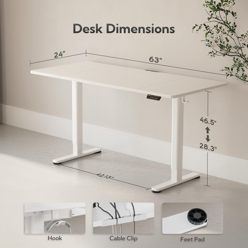 Electric Height Adjustable Standing Desk with Hooks, White/White, 46.5" H x 40" W x 24" D
