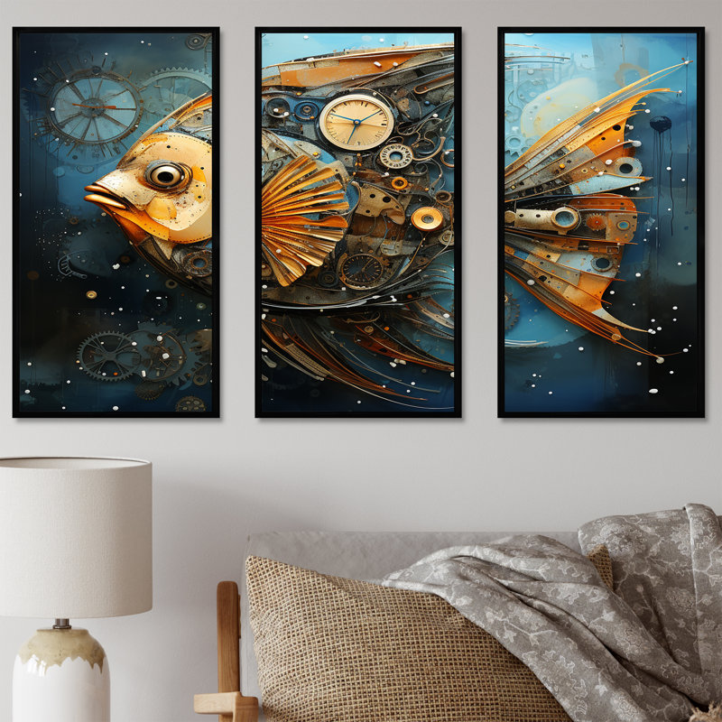 «Yellow Cubist Fish», art mural bleu, H 28 po x l 36 po, Cadre flottant noir