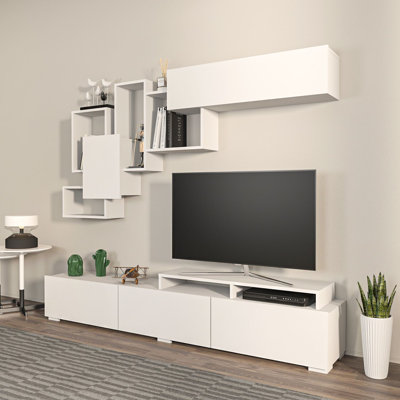 Meuble télé moderne blanc avec tablette murale, 82,7 po x 11,8 po x 13,8 po | 100% panneau de particules enduit de mélamine, épaisseur: 0,7 pouce | Plusieurs tablettes, conception à fixation murale, parfaite pour les salons contemporains et les espaces de divertissement