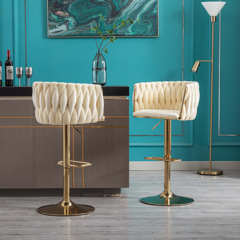 Chrome Footrest and Base Swivel Height Adjustable Mechanical Lifting Velvet + Golden Leg Simple Bar Stool, Ivory