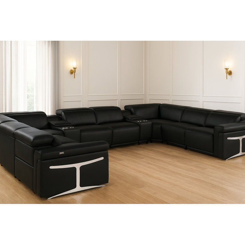 Canapé modulaire en U noir inclinable électrique en forme de U avec console