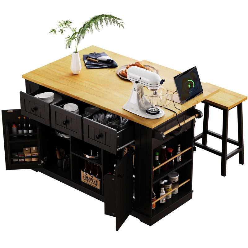 Kitchen Island With 53Inch Width, Door Storage, 2 Ports, Black For Dining Room Use Adjustable Shelves, Power Outlet, Side Open