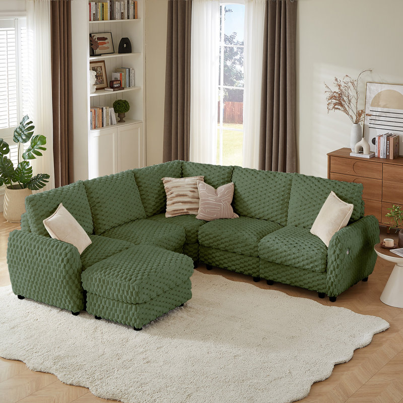 Upgraded Sectional Sofa With Storage, Charging, Convertible Feature And Easy Assembly-5 Seats & 1 Ottoman-Green