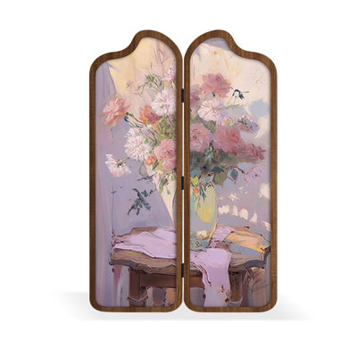 2 Panels Green Solid Wood Oil Painting Canvas  Folding Room Divider