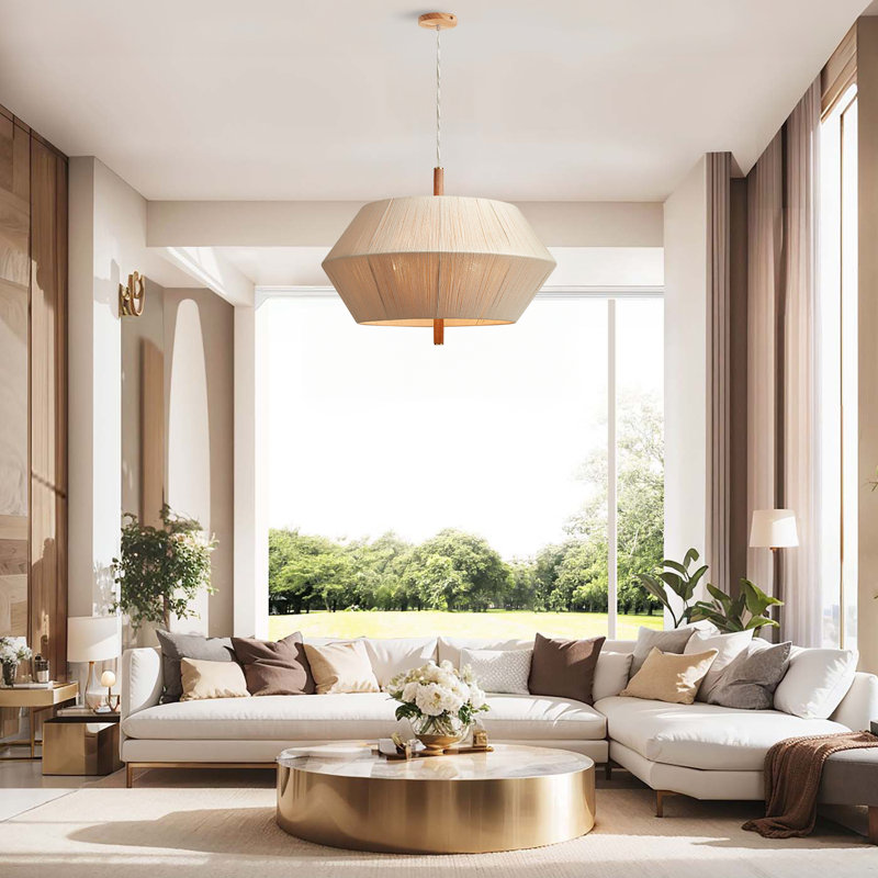 Nimbus Modern Pendant Light – 24" Metal, Wood & Gold, Beige, Ivory White Large Geometric 3-Light Hardwired Dimmable Light Fixture for Living Room, Dining Room, or Entryway in Modern, Minimalist, and Transitional Style